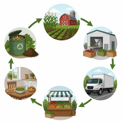 A circular diagram showing stages of a food system from farm to processing, transport, store, home, and compost.