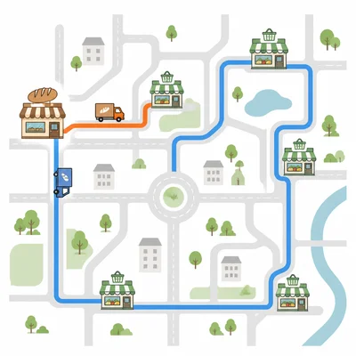 A map showing one short bread delivery route to one store and a longer route serving several stores.