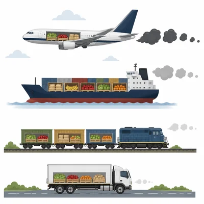 Four food transportation methods: airplane, ship, train, and truck.