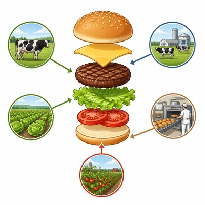 An exploded hamburger with arrows from different ingredient sources such as farms, bakery, and pasture.
