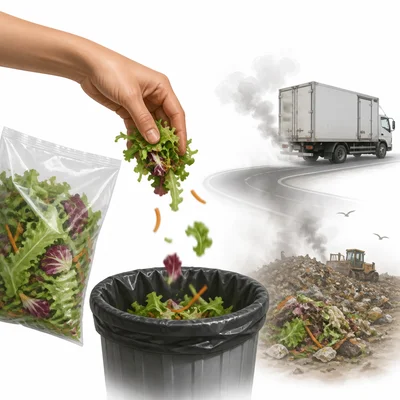 Part of a salad bag being thrown away after being transported by truck.
