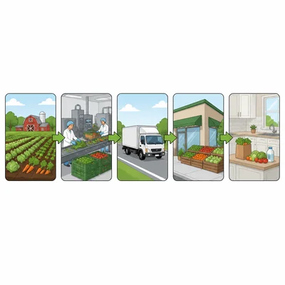 A food system sequence showing farm, processing plant, truck, grocery store, and home kitchen connected by arrows.