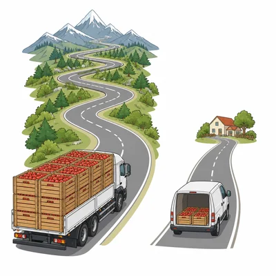 A large apple truck on a long road compared with a small apple van on a shorter road.