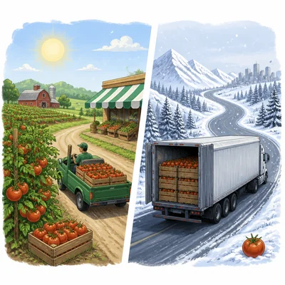 A summer local tomato farm compared with winter tomatoes shipped a long distance.