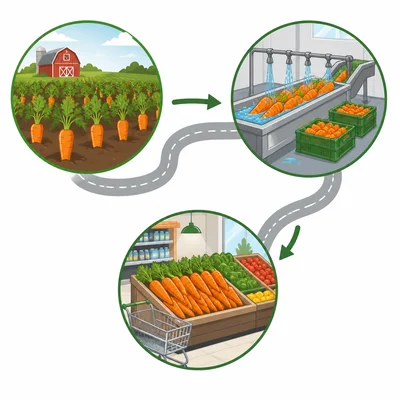 A three-step carrot journey from farm to washing facility to grocery store.