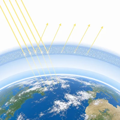 Diagram of reflective particles in the stratosphere reflecting some incoming sunlight away from Earth.
