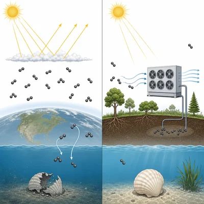 Comparison diagram showing solar reflection versus carbon removal and their different effects on ocean chemistry.