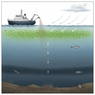 Ocean iron fertilization diagram showing iron added to surface waters, phytoplankton growth, and sinking carbon particles.