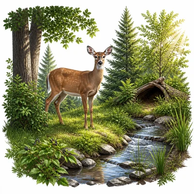 A deer in a forest habitat with trees, grass, and a stream.