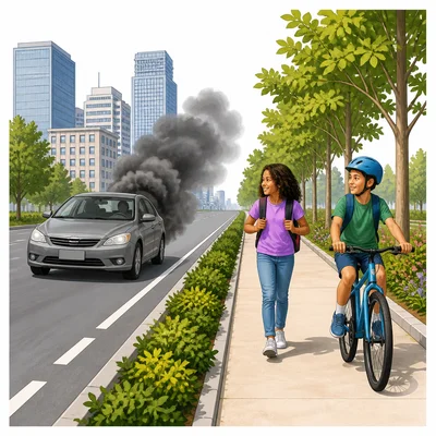 Children walking and biking near a smoky car on a city street.
