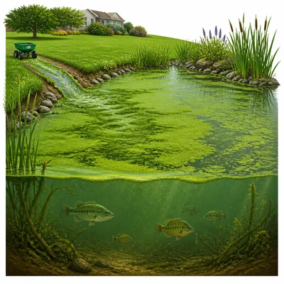Fertilizer runoff causing algae to cover a pond with fish below.