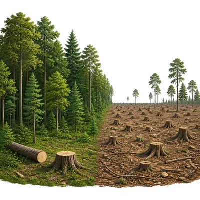 One tree cut in a forest compared with a large area of forest cleared.