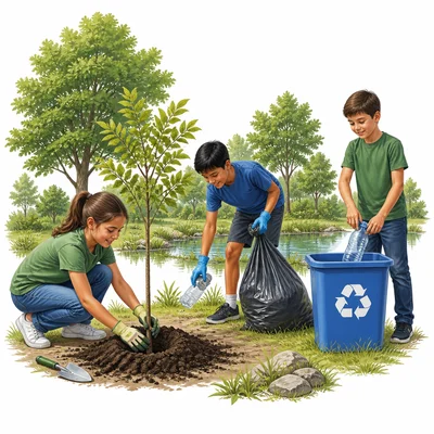Students planting a tree, picking up litter, and recycling to protect habitats.