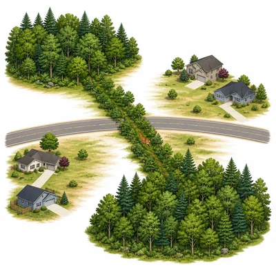 A habitat corridor connecting two forest patches across a cleared area.