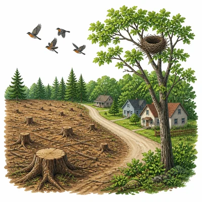 Birds leaving a forest area that has been partly cleared for roads and houses.