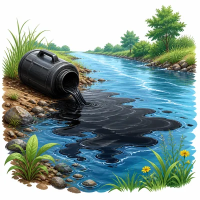 Oil spilling from a container into a river.