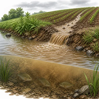 Muddy runoff from a farm field entering a stream with fish.