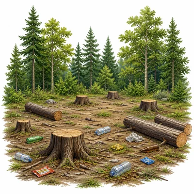 Cut trees and trash left in a forest clearing.