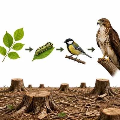 A forest food chain showing leaves, caterpillar, bird, and hawk with tree stumps nearby.