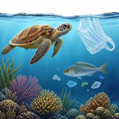 Ocean animals swimming near plastic pollution.