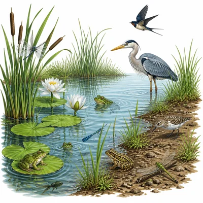 A wetland habitat with frogs, insects, birds, reeds, and shallow water.