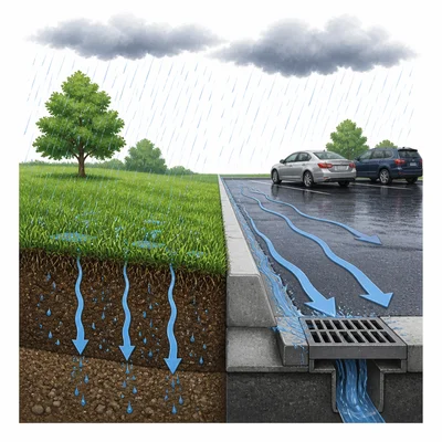 Rainwater soaking into grass but running off an asphalt parking lot.