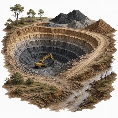 An open-pit mine with removed soil and rock, piles of earth, and disturbed land.