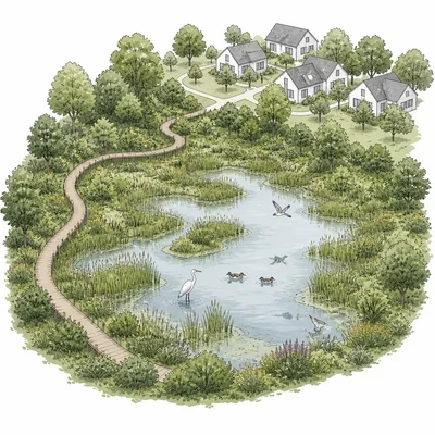 New housing placed away from a wetland with a protective vegetated buffer.