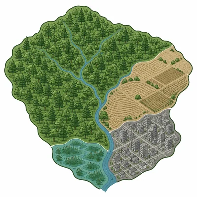 A watershed divided into land-cover areas, with forest shown as the largest area.