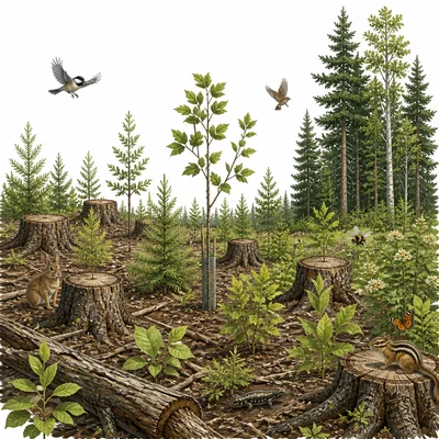 Young native trees replanted in a logged area as wildlife begins to return.