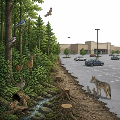 A forest habitat partly replaced by a shopping center and parking lot, with wildlife pushed to the edge.