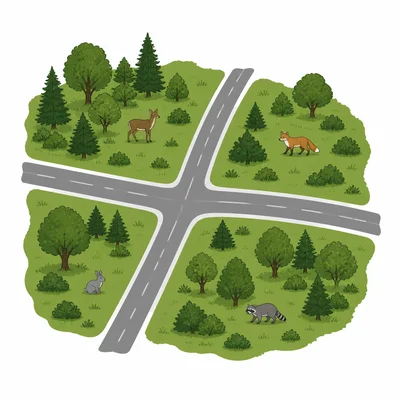 Roads cutting through a habitat and separating wildlife into smaller isolated areas.