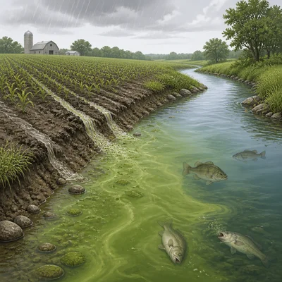 Fertilizer runoff flowing from a farm field into a stream and causing algae growth.