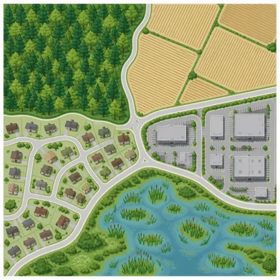 A simplified land-use map showing forest, farmland, residential, commercial, and wetland areas.