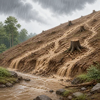 Rain washing exposed soil from a cleared hillside into a creek.