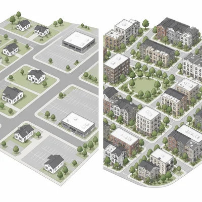 A visual comparison of spread-out development and compact, planned community growth.