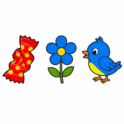 A candy wrapper, a flower, and a bird.