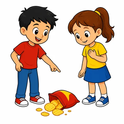 Two children notice a snack bag on the ground.