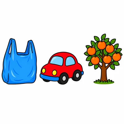 A plastic bag, a toy car, and an orange tree.