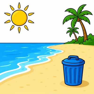 A clean beach with one trash can.