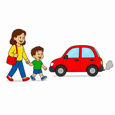 A child walking with an adult and a parked car with exhaust.