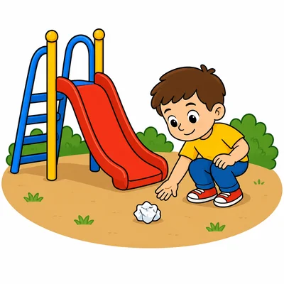 A child sees crumpled paper on a playground.