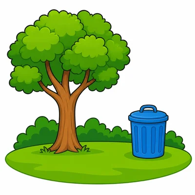 A clean park with a tree and a trash can.