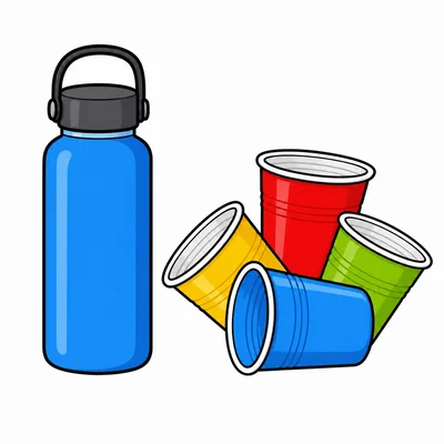 A reusable water bottle and several plastic cups.