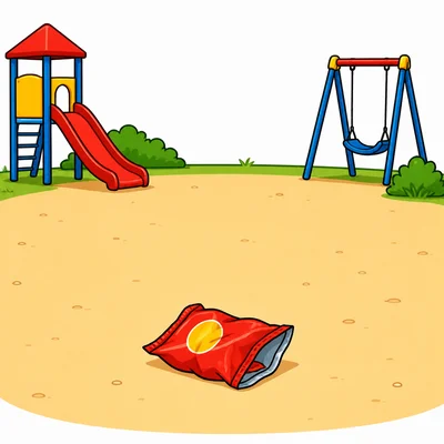 A crumpled snack bag on playground ground.