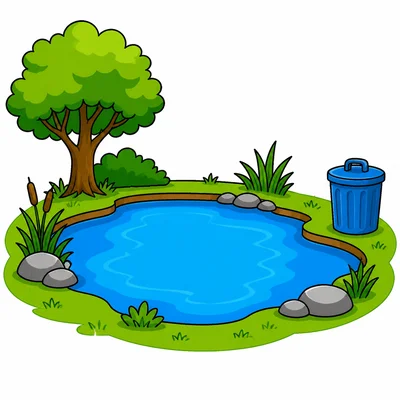 A clean pond with a trash can nearby.