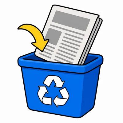 A newspaper going into a recycling bin.