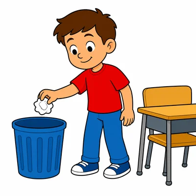 A child puts paper into a classroom trash can.
