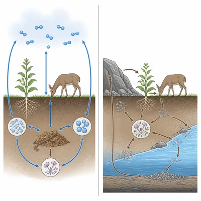Comparison of nutrient cycles: one includes atmospheric movement, the other moves through rocks, soil, water, and organisms.