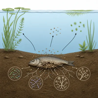 Decomposers break down a dead fish, releasing nutrients to pond sediment, water, and plants.